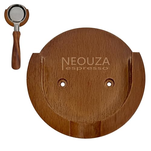 NEOUZA wooden coffee portafilter wall rack, compatible with 51mm and 54mm portafilters, with filter puck screen holder, elegantly designed for home baristas