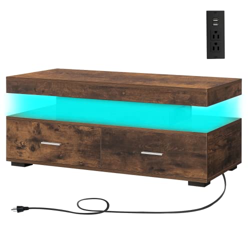 Modern LED Coffee Table with Charging Station – 21 Color Options, Rustic Brown 2-Tier Design for Living Room, Office, and Party Settings