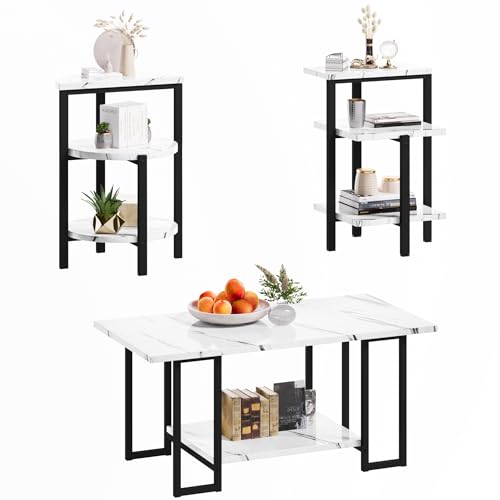 Modern 3-Piece Coffee Table Set with Faux Marble Top and Multi-Tier Storage in a Contemporary Living Room Setting