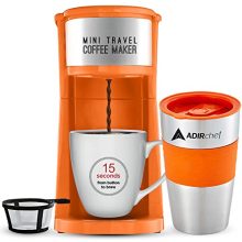 AdirChef Single Serve Mini Travel Coffee Maker with 15 oz Orange Travel Mug and Reusable Filter – Ideal for Home, Office, and Camping