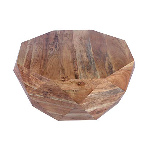 33-inch round coffee table in natural brown acacia wood with a diamond shape. Features a smooth top surface and handcrafted quality