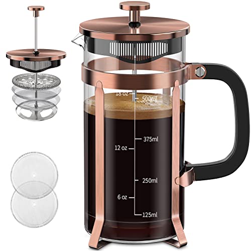 QUQIYSO 21 oz French Press with stainless steel components and copper accents, featuring a borosilicate glass beaker, 4 filters, and heat-resistant design