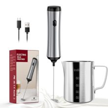 A sleek, stainless steel MAEXUS Handheld Milk Frother with a frothing wand, paired with a 20oz stainless steel pitcher