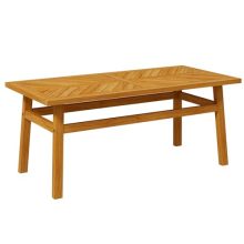 Rustic acacia wood outdoor coffee table with natural woodgrain finish, perfect for patios, gardens, and backyards, featuring a spacious tabletop and sturdy construction.