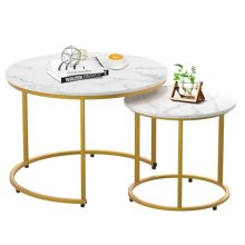 Modern Nesting Table Set - Round Coffee Tables with Gold Metal Frame and White Marble Pattern, Ideal for Living Room and Bedroom