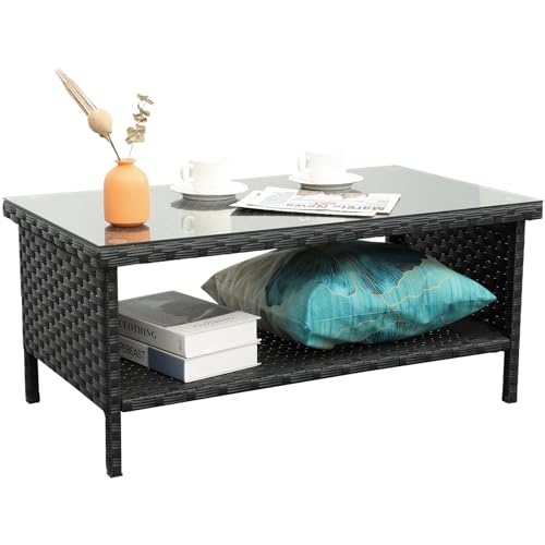 Black wicker coffee table with a 2-layer design and tempered glass top, ideal for outdoor patios or indoor spaces. Includes a protective furniture cover for durability and easy maintenance.