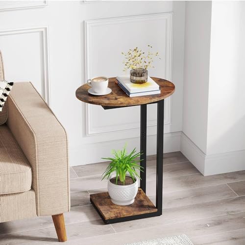 Compact C-shaped side table with a rustic brown wood surface and metal frame, ideal for small spaces like living rooms and bedrooms