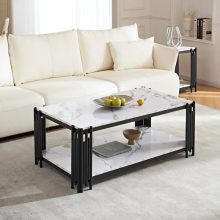 Mcltopz Faux Marble Coffee Table with Black Metal Frame, 2-Tier Design for Living Room, Modern White Center Table