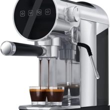 20 bar espresso machine with LCD display and milk frother, designed for making espresso and cappuccino, featuring a compact stainless steel body and intuitive controls