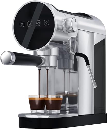 20 bar espresso machine with LCD display and milk frother, designed for making espresso and cappuccino, featuring a compact stainless steel body and intuitive controls