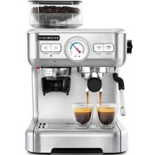 Espresso Machine with Grinder and Milk Frother in Stainless Steel, 20 Bar Pressure, perfect for making cappuccinos, lattes, and espresso at home.