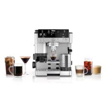 Ninja Espresso Machine with integrated grinder, hands-free frother, and assisted tamper, featuring a sleek design with multiple brewing functions for espresso, drip coffee, and cold brew