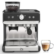 Espresso Machine with Built-In Grinder and Milk Frother in black, showcasing a 20-bar pump, adjustable grind settings