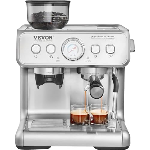 Semi-Automatic Espresso Machine with Built-in Grinder, 15-Bar Pressure Gauge, and Milk Frother for Café-Style Coffee at Home