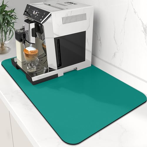 12x19 inch green coffee mat with super absorbent material and rollable design, perfect for protecting countertops from spills under coffee makers and for use as a dish drying mat