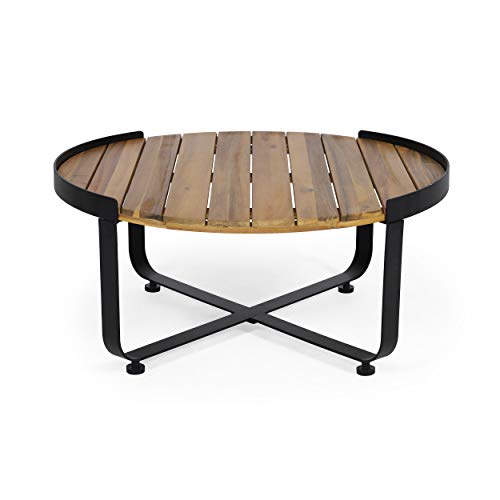 Modern industrial coffee table featuring a sleek acacia wood top and powder-coated metal frame, perfect for outdoor patios and gardens.