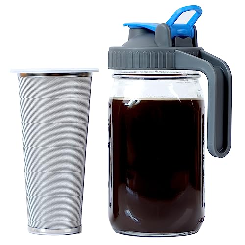 32oz cold brew coffee maker mason jar with pour spout handle, airtight lid, and stainless steel filter, ideal for making iced coffee, tea, and lemonade.