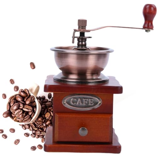 Compact 17ml manual coffee grinder made of pine wood and cast iron with a classic hand-crank design, perfect for home use and travel