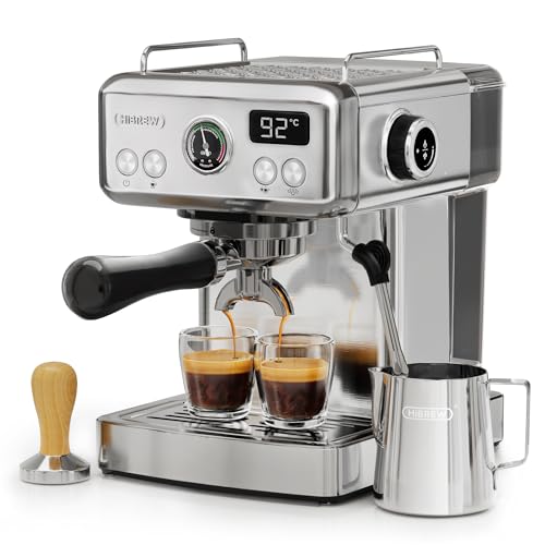 HiBREW Programmable Espresso Machine with a brushed stainless steel finish, featuring a steam wand, adjustable temperature settings, and a 1.8L removable water tank for premium coffee brewing at home.