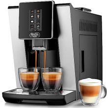 Zulay Kitchen Fully Automatic Espresso Machine with a sleek stainless steel finish, featuring a built-in conical burr grinder, touch screen, and milk frother—perfect for creating café-quality coffee at home