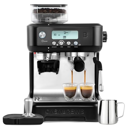 Black CASABREWS Espresso Machine with Built-In Grinder and Milk Frother, featuring an LCD display, perfect for making espresso, cappuccino, and lattes at home or in the office