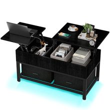 Modern Hasipu Lift-Top Coffee Table with black finish, featuring LED lighting, built-in USB ports, and a dual lift-top mechanism, ideal for living rooms and home offices