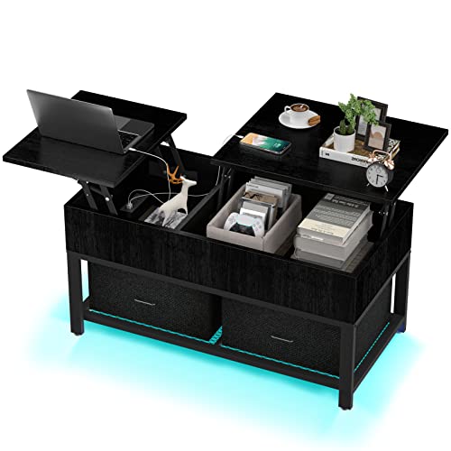 Modern Hasipu Lift-Top Coffee Table with black finish, featuring LED lighting, built-in USB ports, and a dual lift-top mechanism, ideal for living rooms and home offices