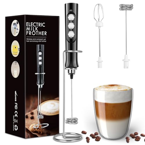 Rechargeable Handheld Milk Frother with wall-mounted stand, electric whisk for coffee and drink mixing, featuring a stainless steel whisk and a USB rechargeable design