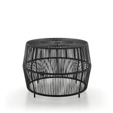 Boho rattan round coffee table with a metal frame, showcasing its weather-resistant design and stylish woven pattern, set up for outdoor use by a poolside