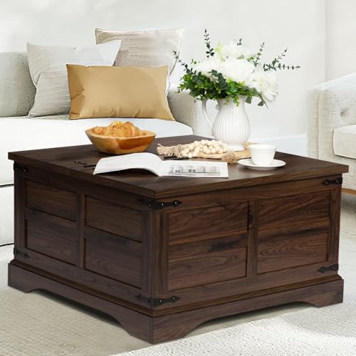 Rustic square coffee table with lift-top and large hidden storage compartment, featuring a farmhouse design with metal accents