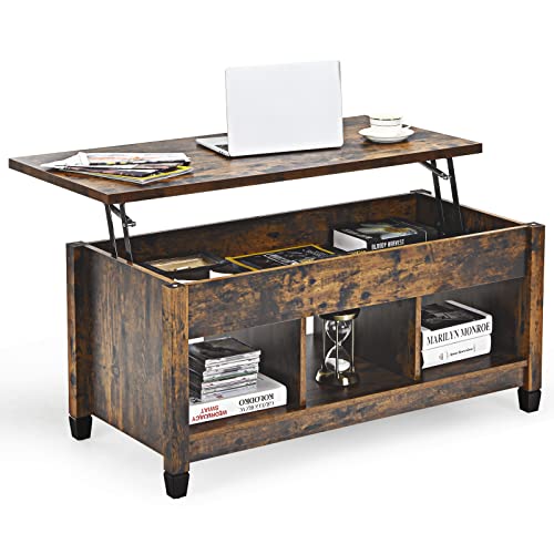 Adjustable Wood Coffee Table with Lift-Top and Hidden Storage Compartment in Rustic Brown Finish – Ideal for Living Rooms and Offices 