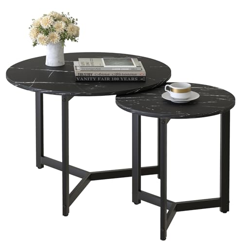 Set of 2 Black Round Faux Marble Nesting Tables with Metal Frame – Modern Coffee Table for Living Room