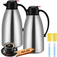 Nuogo 2-pack thermal coffee carafes with a 102 oz capacity, featuring stainless steel construction, double-walled vacuum insulation