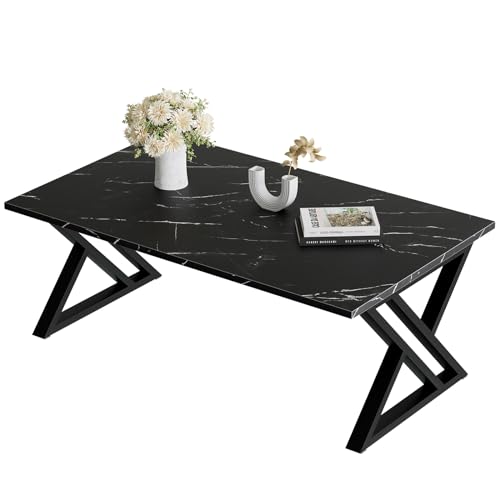 Modern 39-Inch Coffee Table with Faux Marble Top and Black Metal Frame – Stylish Rectangular Design for Living Room and Home Office