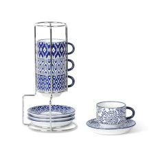 Selamica Vintage Blue Ceramic Espresso Cups with Saucers and Metal Stand - 2.5 oz Set of 4 for Latte and Cappuccino