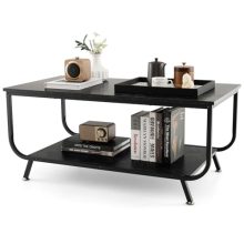 GOFLAME 2-Tier Black Coffee Table with Faux Marble Top and Metal Frame – Rectangular Accent Table with Storage Shelf for Living Room and Office