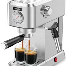 PUSEE Espresso Machine with 20-bar pressure system and 360° steam wand. Features a stainless steel design