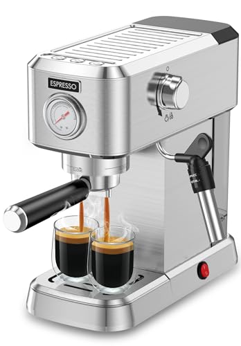 PUSEE Espresso Machine with 20-bar pressure system and 360° steam wand. Features a stainless steel design