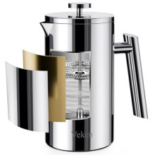 Veken 34oz French Press Coffee and Tea Maker in silver, featuring double-wall vacuum insulation and a 4-layer filtration system. Designed for easy pouring, with a cool-touch handle and rubber base, perfect for home or travel use. Dishwasher safe for effortless cleaning.