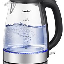 COMFEE' 1.7L Glass Electric Kettle with Blue LED Indicator, featuring Fast Boil Technology, Auto Shut-Off, and Boil-Dry Protection