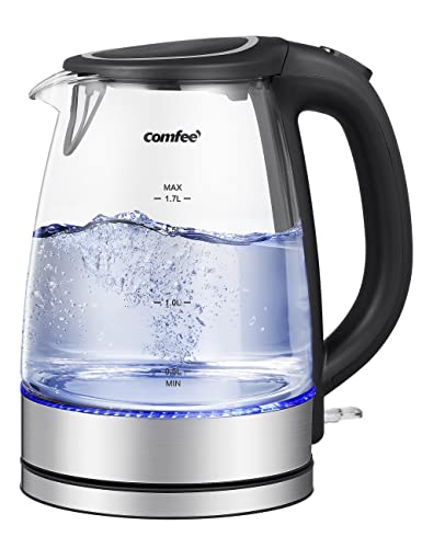 COMFEE' 1.7L Glass Electric Kettle with Blue LED Indicator, featuring Fast Boil Technology, Auto Shut-Off, and Boil-Dry Protection