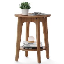 Compact Round Side Table with Rustic Walnut Finish and Lower Shelf – Stylish Nightstand for Small Spaces