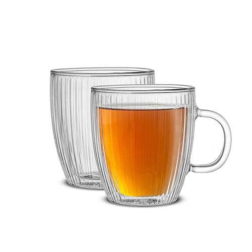 JoyJolt 13.5oz Fluted Double Wall Glass Coffee Mugs Set of 2 – Clear Ribbed Glass Coffee Cups for Hot and Cold Beverages