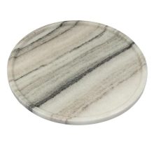 Elegant 14-inch round natural marble vanity tray with unique veining pattern. Perfect for organizing and displaying items in the bathroom