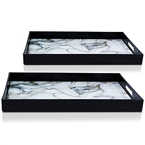 Bowmani Large Ottoman Trays Set - Faux Marble Coffee Table Trays with Black Accents, 18 x 12 Inches, Decorative and Durable