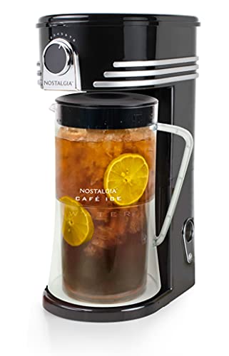 3-quart Nostalgia iced tea and coffee brewing system with a double-insulated pitcher and adjustable strength selector, perfect for making iced drinks at home