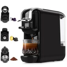 Compact 19 bar espresso maker compatible with Nespresso and Lavazza capsules, featuring a removable 21 oz water tank and a stylish design for home or office use.