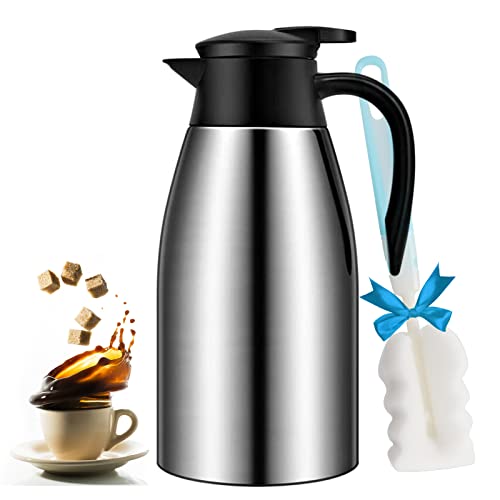 68 Oz Insulated Coffee Carafe in stainless steel with push-button pour spout, designed to keep beverages hot for 12 hours and cold for 24 hours. Includes a free cleaning brush.