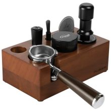 PUSEE Espresso Tamping Station with wooden base and copper-color metal handles, designed for 51-54mm espresso accessories.