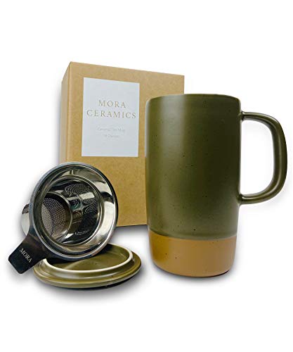 Olive Green Large Tea Mug with Loose Leaf Infuser and Ceramic Lid – 18oz Capacity for Tea and Coffee